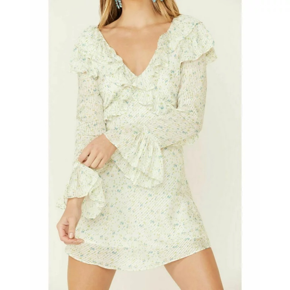 Free People Cream Floral Ruffle Long Sleeve Mini Dress - Picture 1 of 4
